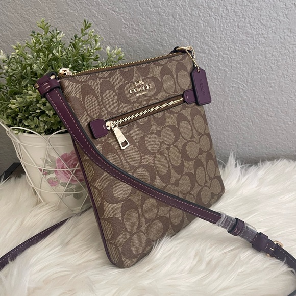 NWT *COACH*  Signature Mini Rowan File Bag KHAKI/DEEP/BERRY CF340 - Picture 2 of 5